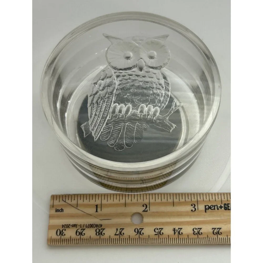 Trinket Jewelry Box Etched Owl Design Lid Round Clear & Black Vintage Look Retro